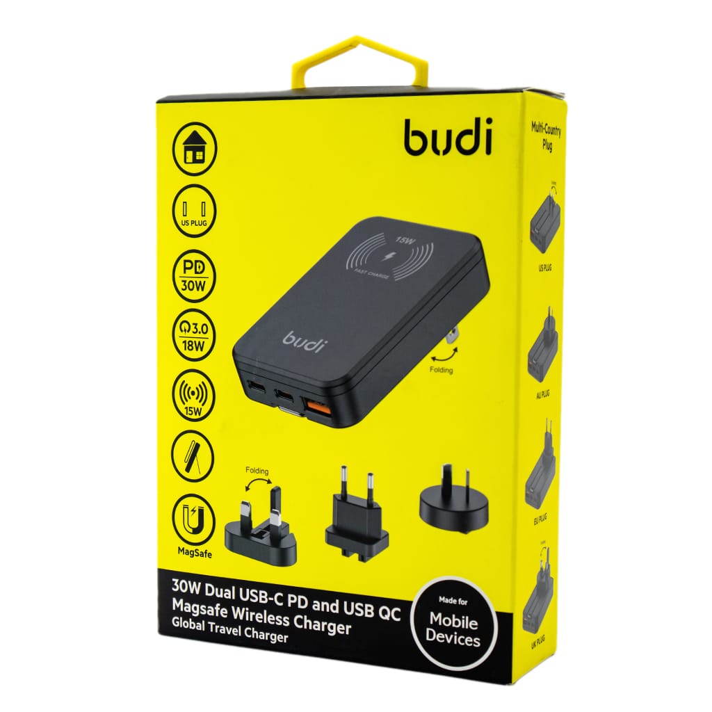 Budi 30W Dual USB-C PD and USB QC Magsafe Wireless Charger Global Travel Charger - BlackMobile AccessoriesBudi 30W Dual USB-C PD and USB QC Magsafe Wireless Charger Input 100-240 V 50/60 Hz Total output power 30 W max USB-C output 5V / 9V = 3A, 12V = 2.5A